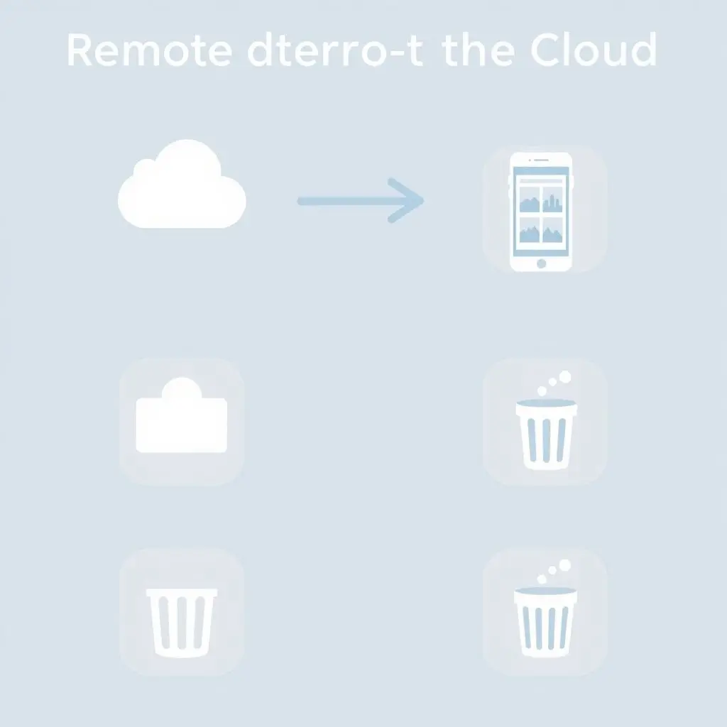 Icons representing deleting photos via a cloud app or website, then checking the trash folder.