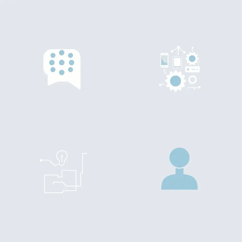 Icons representing clear communication, technology investment, redefined office space, and manager training.