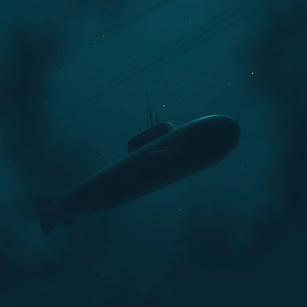 Illustration of a submarine navigating in the deep ocean, dark and mysterious.