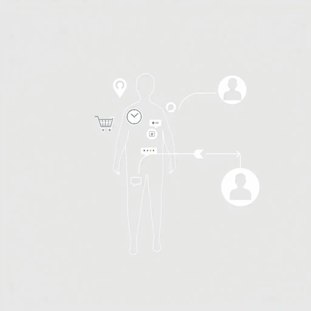 Illustration showing a human silhouette composed of various icons representing user data (shopping cart, location pin, clock, search bar) with an arrow pointing to an advertisement.