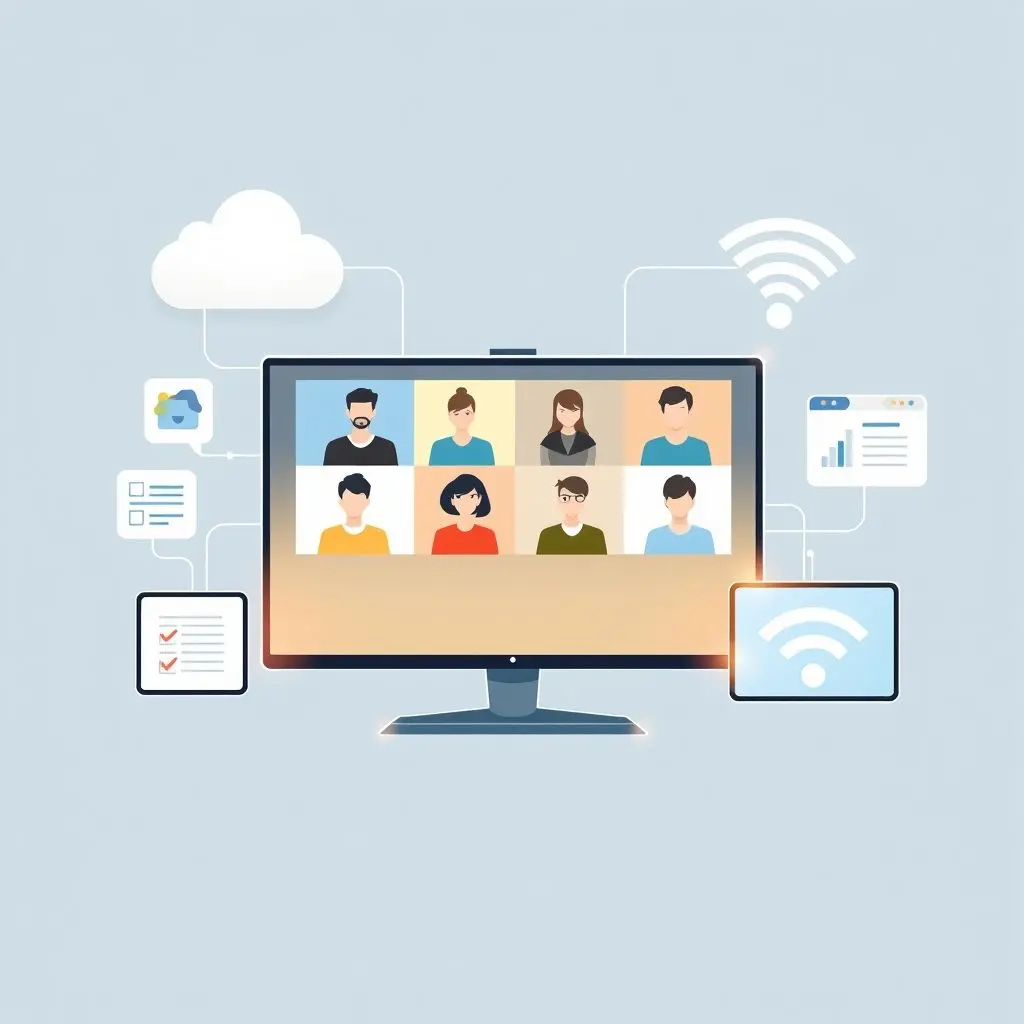 Screen showing multiple video conference participants alongside icons representing cloud storage, project management tools, and instant messaging apps.