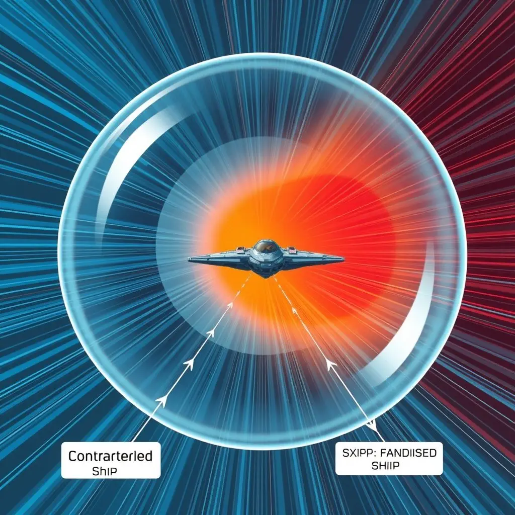 Diagram illustrating Alcubierre warp bubble with contracted space ahead and expanded space behind, a ship inside a flat space region.