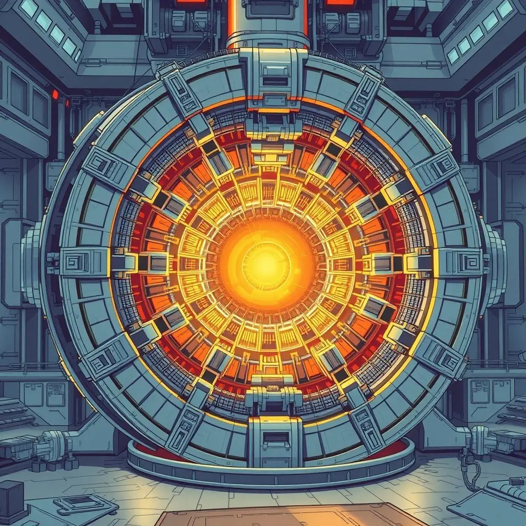 Illustration of a large, complex tokamak-style fusion reactor