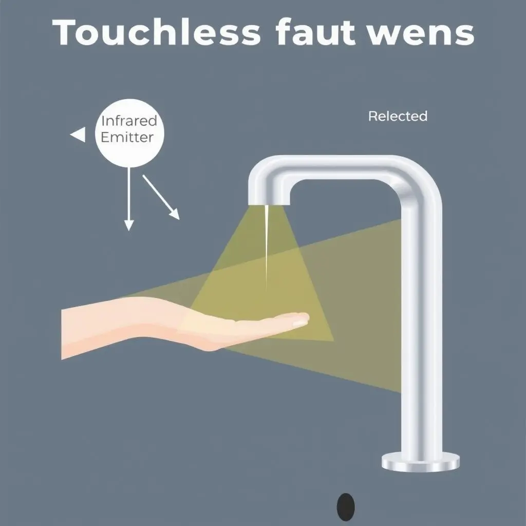 Diagram showing infrared light path from emitter, bouncing off hands, to receiver in a touchless faucet