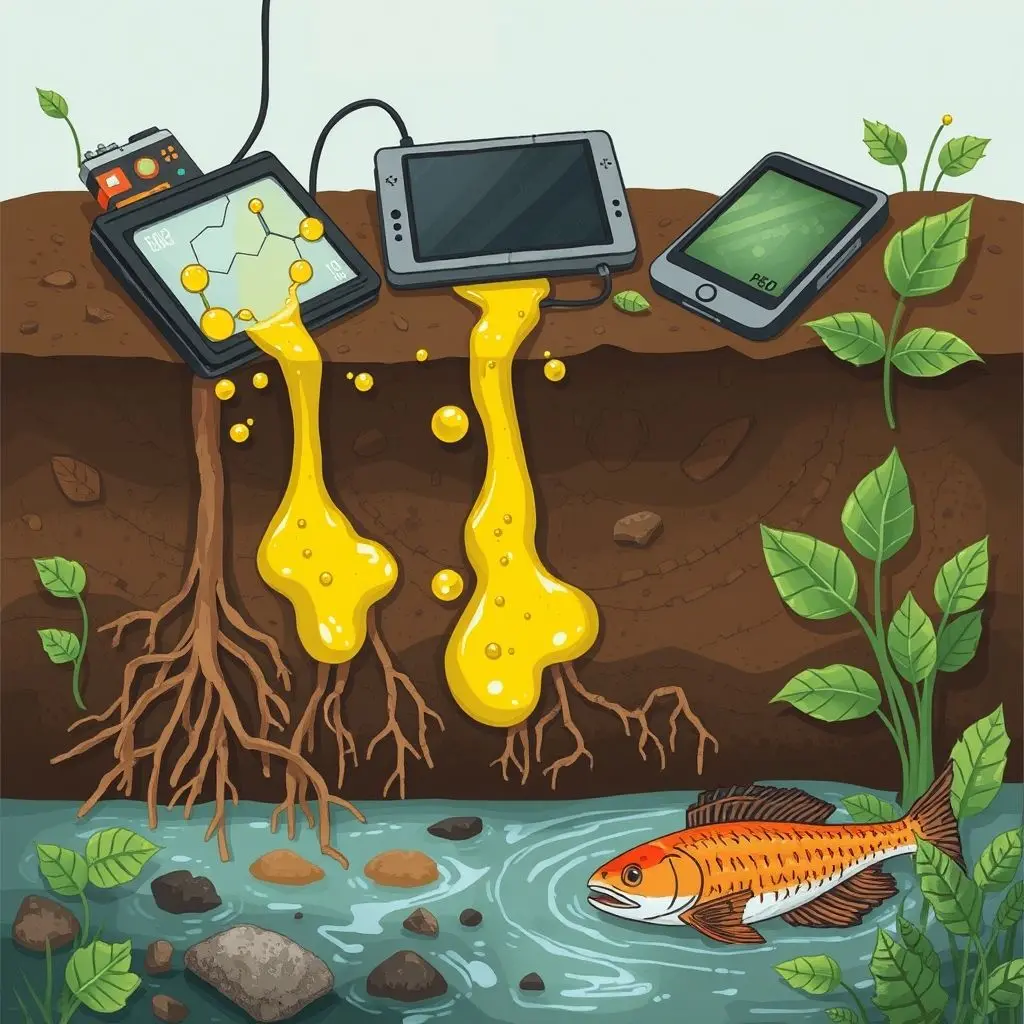 Illustration depicting toxic chemicals leaking from discarded electronics into the soil and groundwater, harming plant roots and fish in a stream.