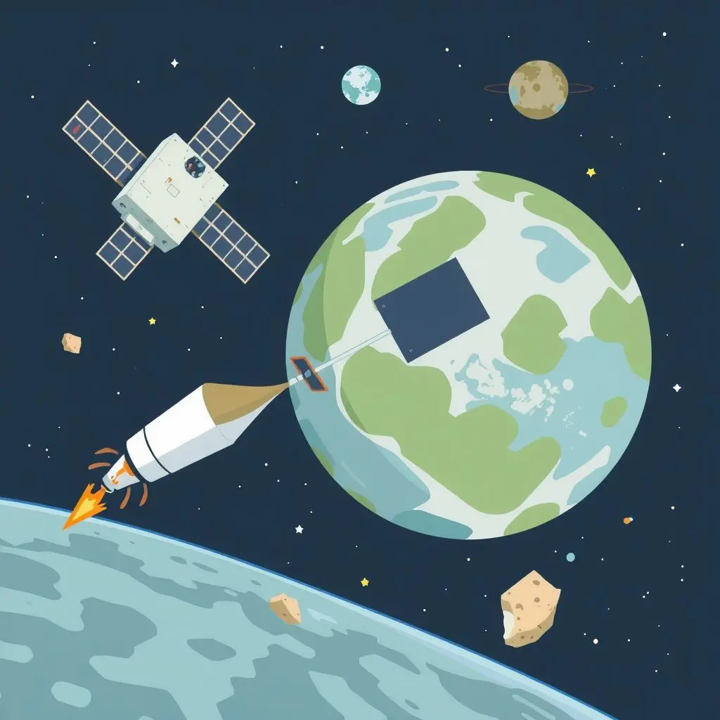 Illustration showing different types of space debris orbiting Earth, including a dead satellite, a rocket stage, and small fragments.