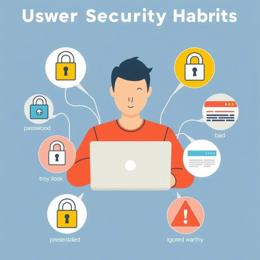 Illustration depicting a person interacting with a laptop, surrounded by icons representing good habits (padlock, shield, strong password) and bad habits (open lock, risky download icon, phishing fish hook).