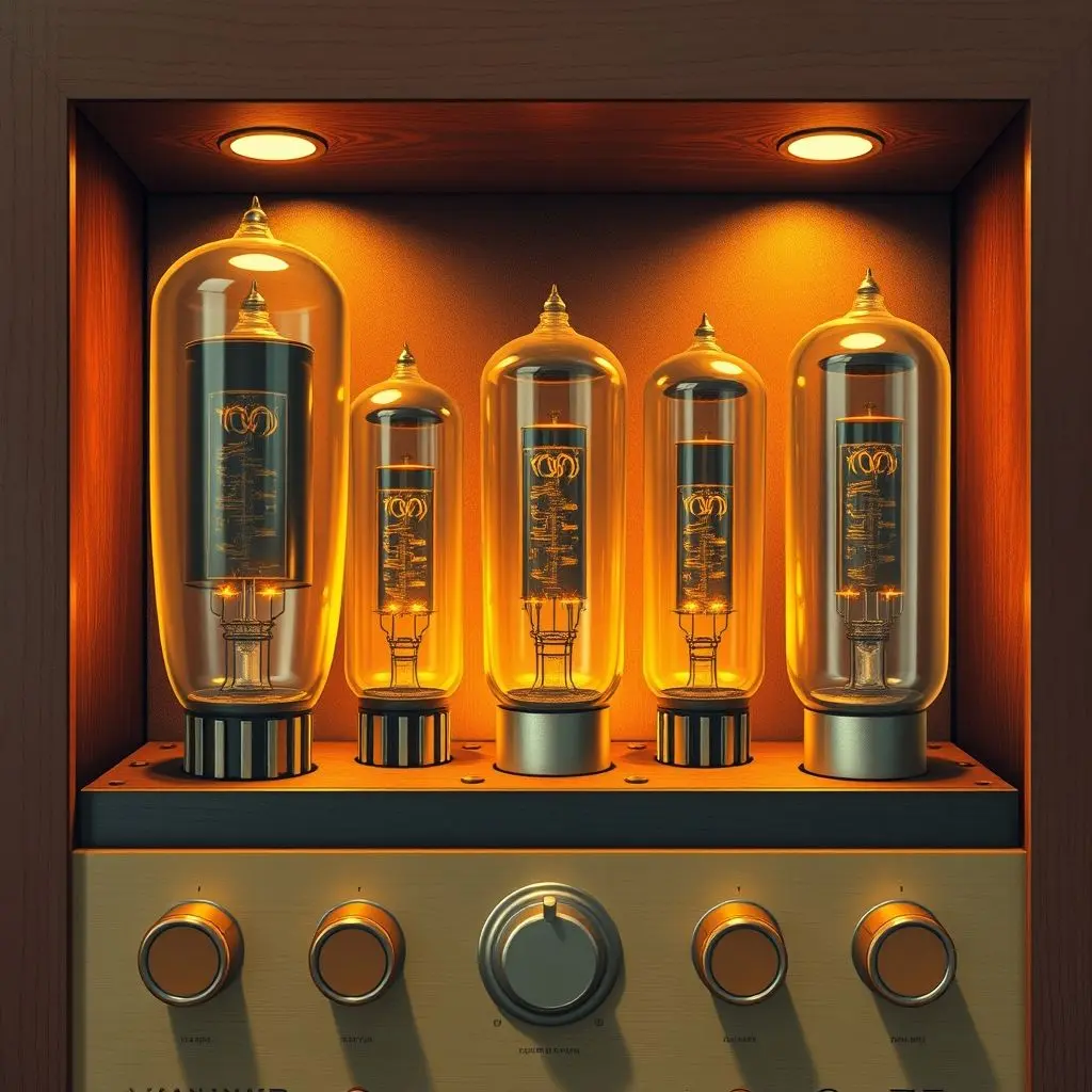Illustration depicting historical vacuum tubes in old electronic equipment.