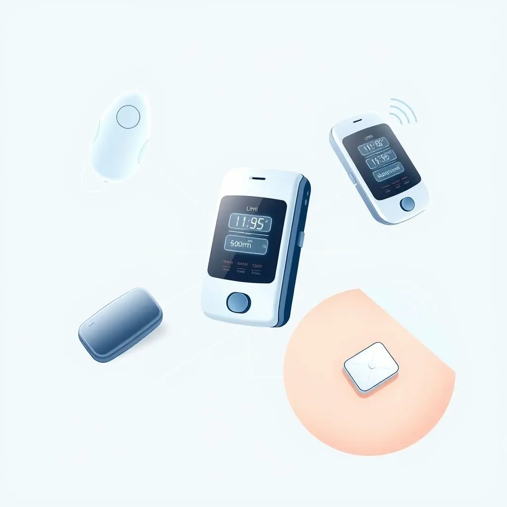 Collage showing examples of connected medical implants like pacemaker, insulin pump, CGM sensor