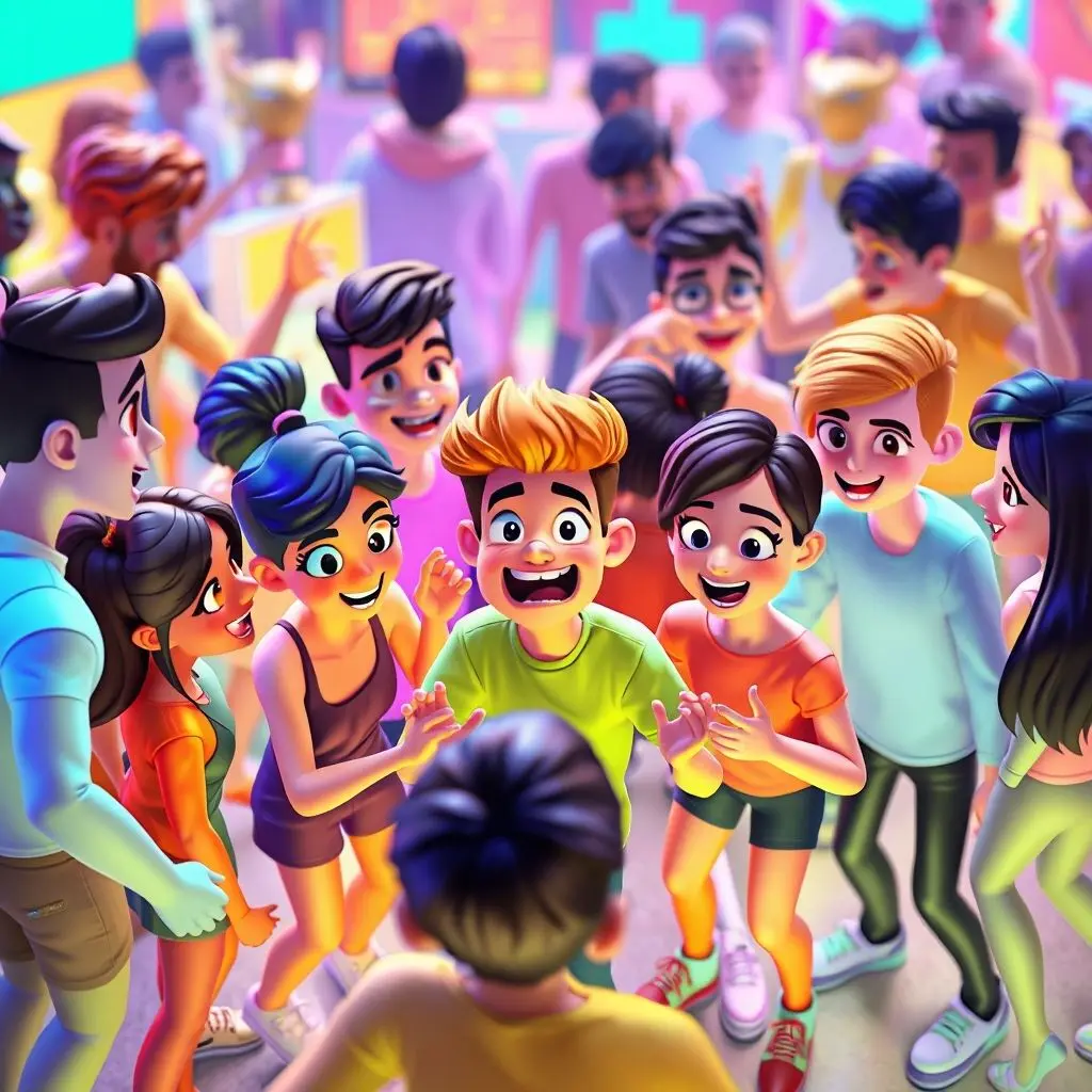 Diverse digital avatars interacting in a vibrant virtual social space.