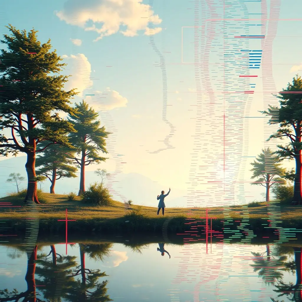 A glitching, distorted image of a virtual world scene, depicting technological risk.