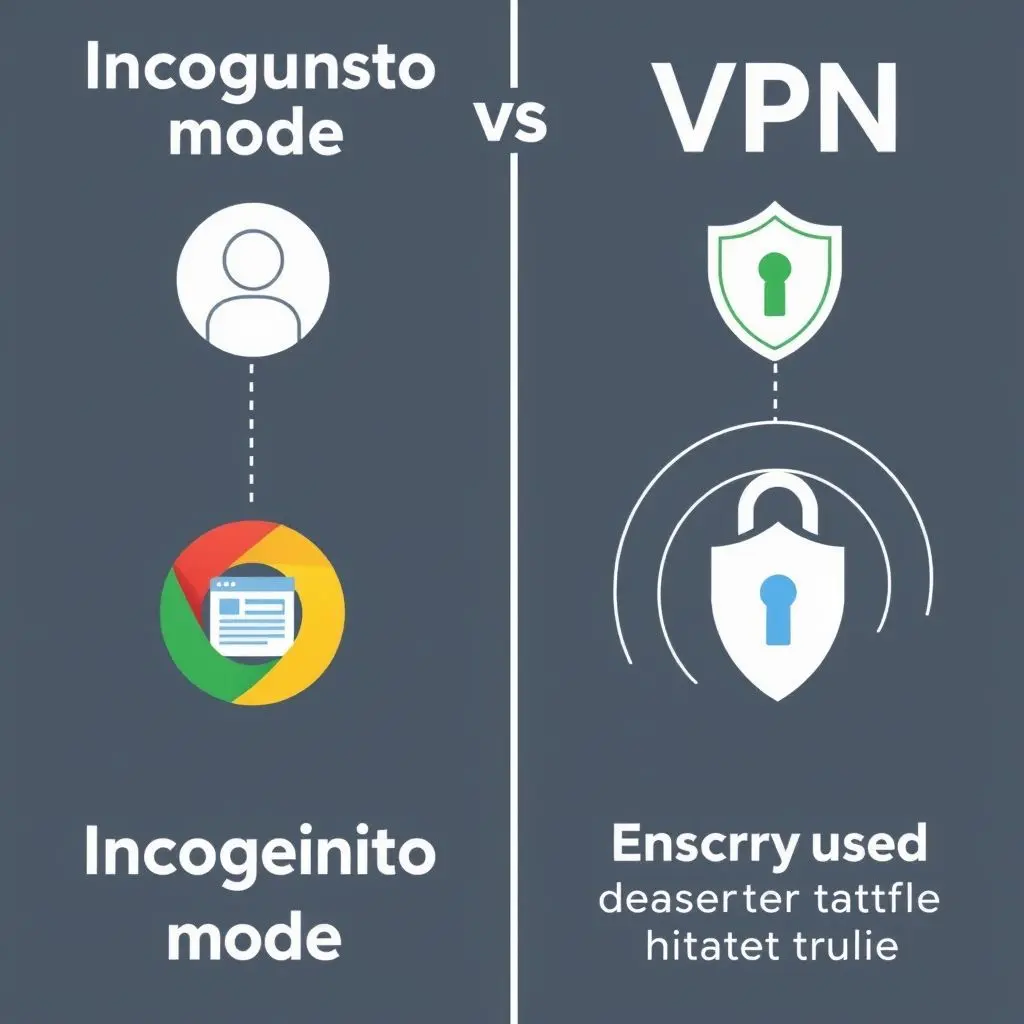 Split image illustration showing Incognito icon with visible path to ISP/Website, and VPN icon with encrypted tunnel hiding path to ISP/Website.