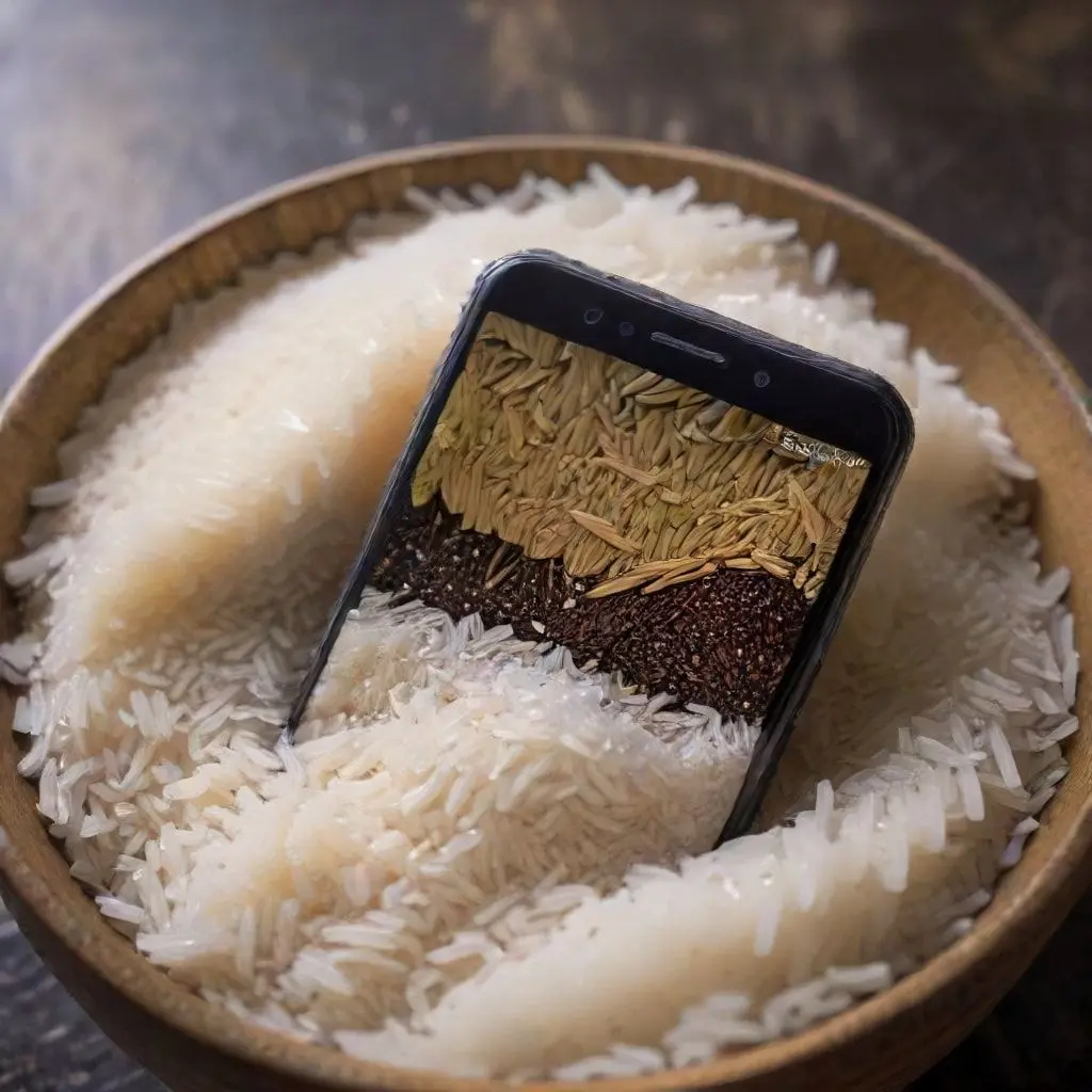 Wet smartphone sitting in a bowl of rice, looking ineffective
