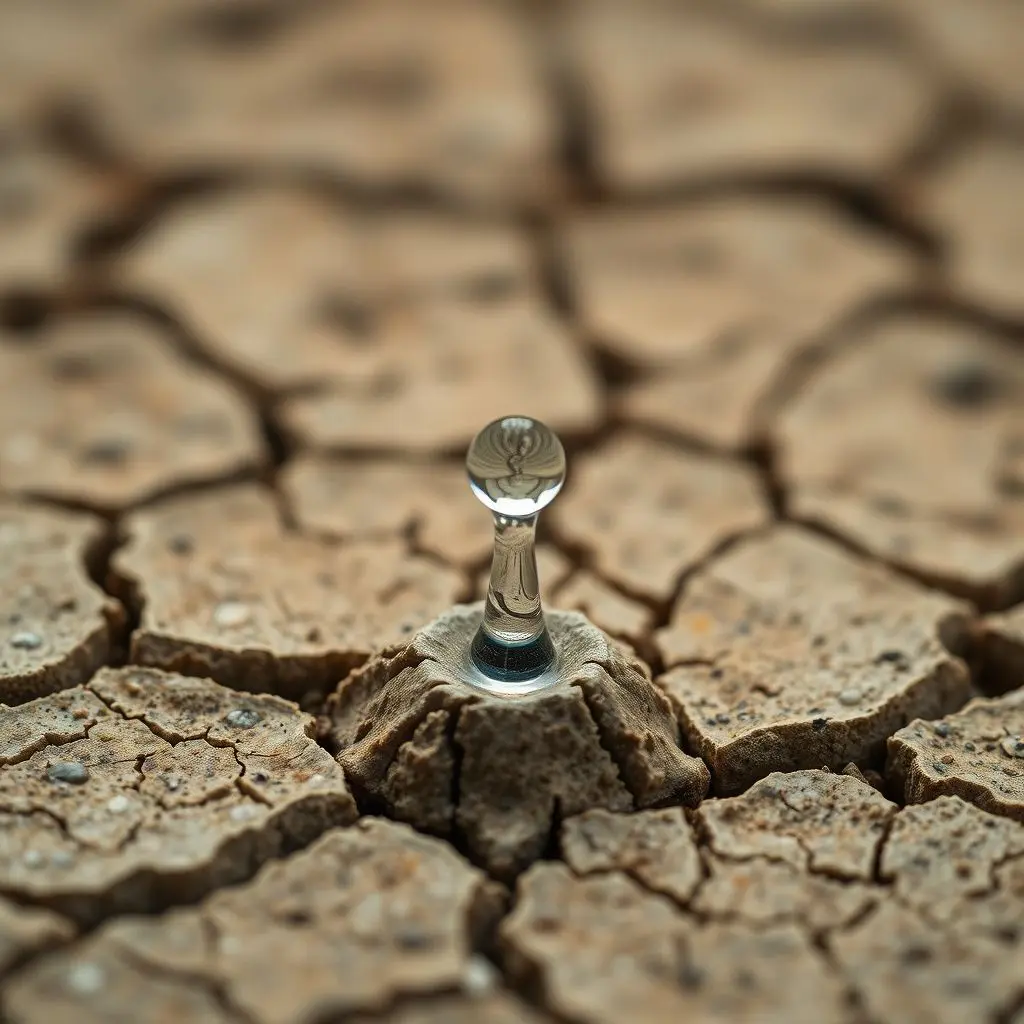 Close-up of a large water droplet hovering over dry, cracked earth.
