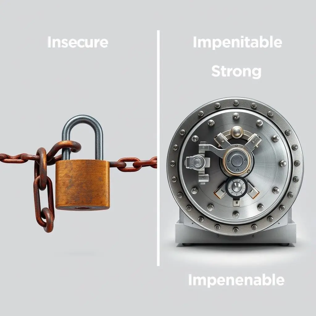 Visual representation contrasting a weak password (easy to break chain) with a strong password (fortified lock).