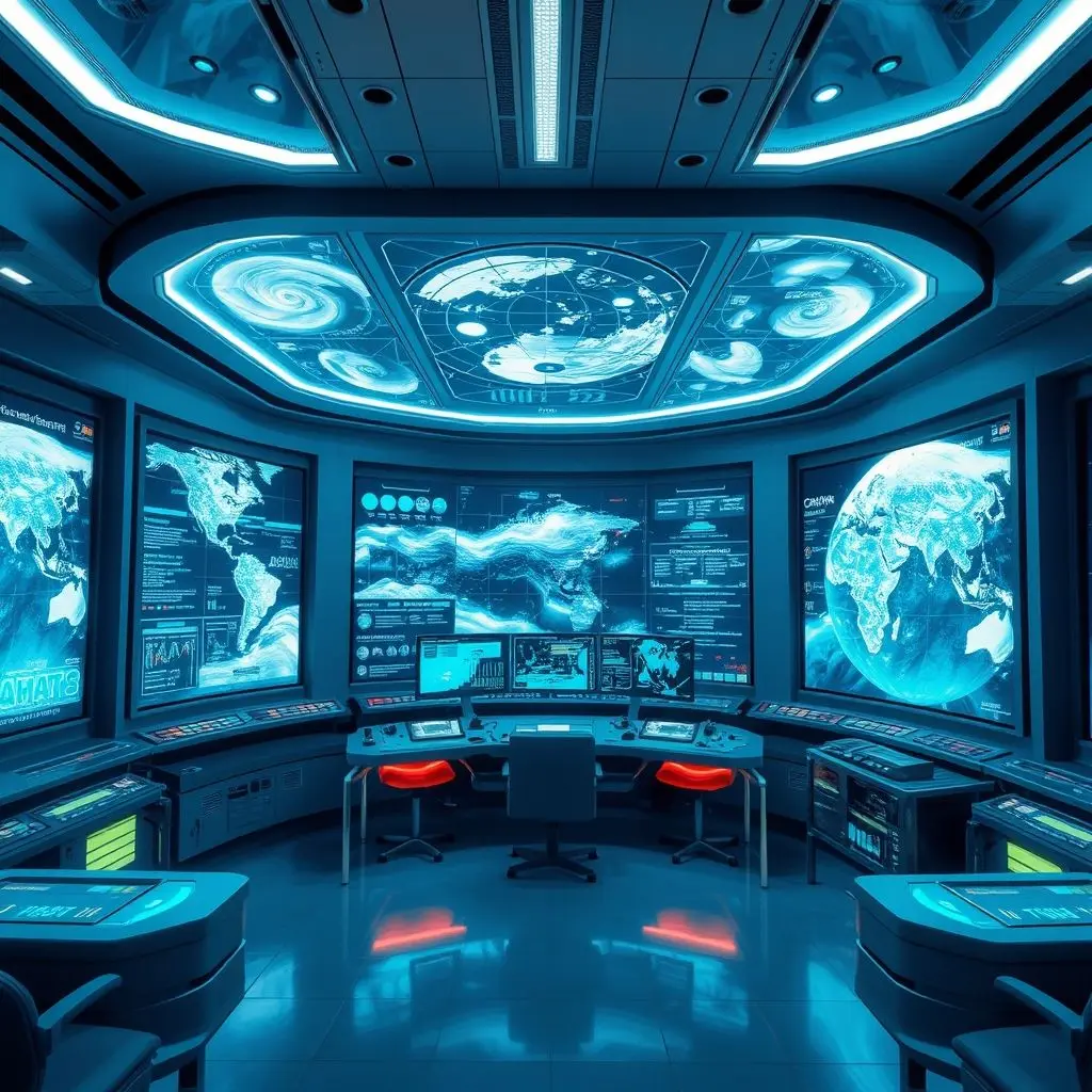 Futuristic control center monitoring and manipulating global weather patterns
