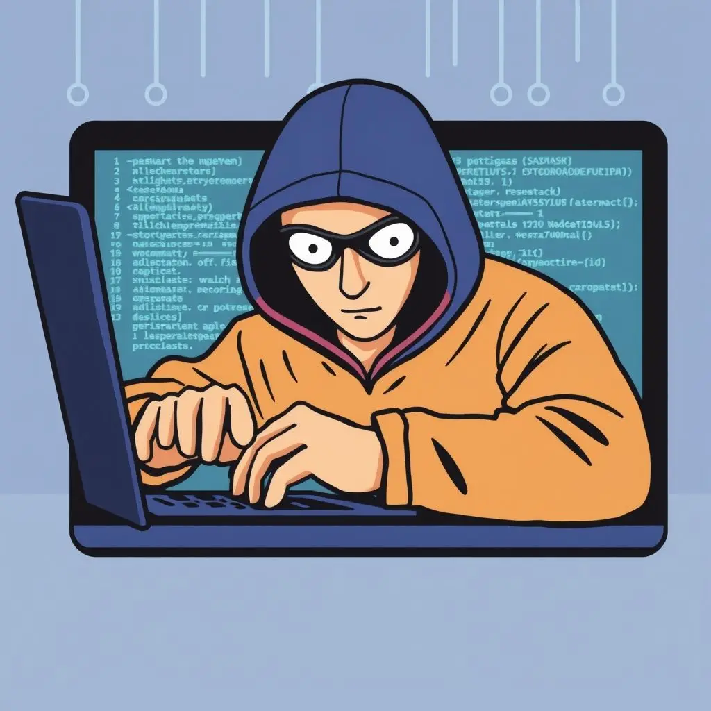 Stylized illustration of a person hacking into a laptop, with focus on the webcam feed and digital code.