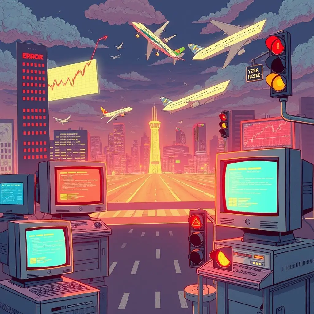 Illustration depicting various Y2K doomsday fears like collapsing financial graphs, grounded planes, and malfunctioning traffic lights.