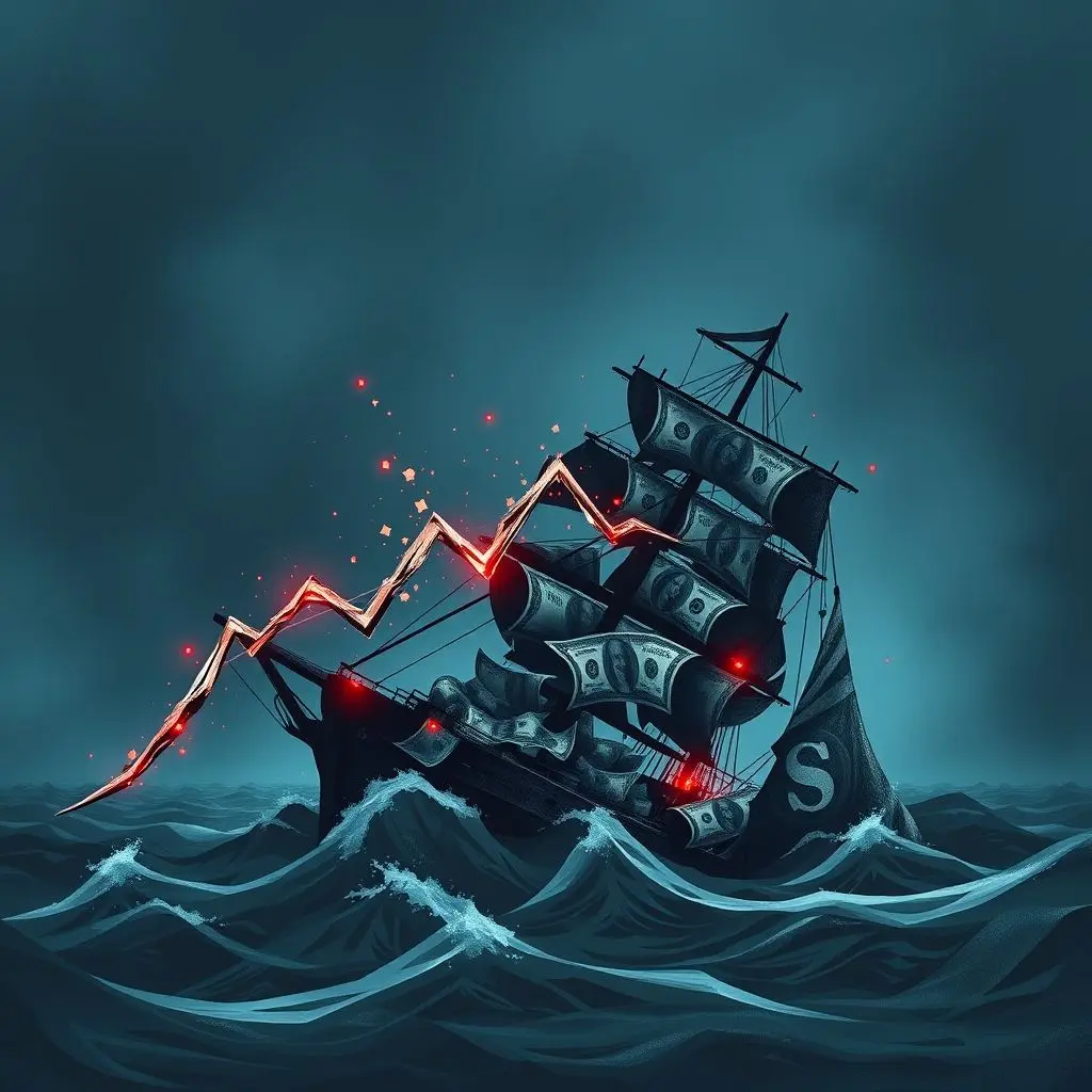 Abstract illustration representing significant financial loss, perhaps a downward graph or crumbling structure made of currency.