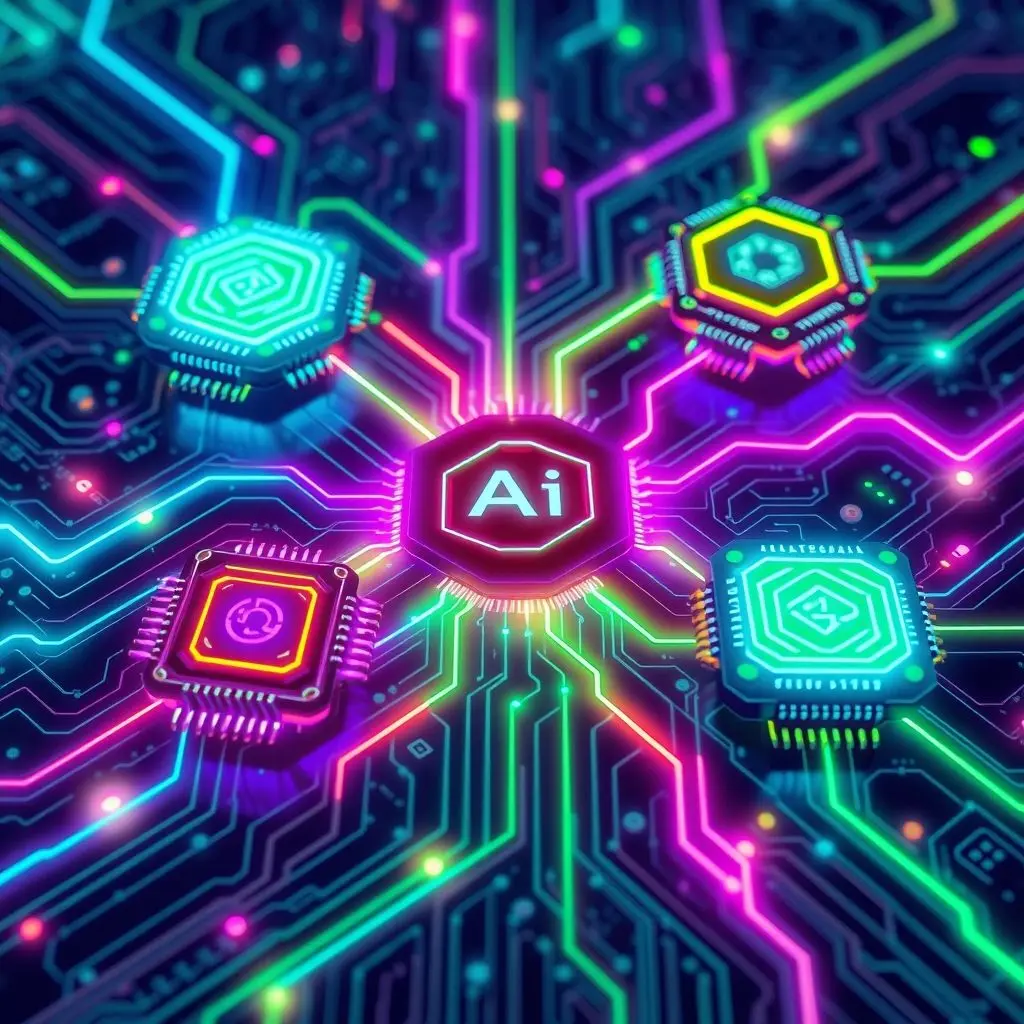 Abstract depiction of various specialized AI accelerator chips (like GPUs, TPUs) interconnected and processing data, representing a network.
