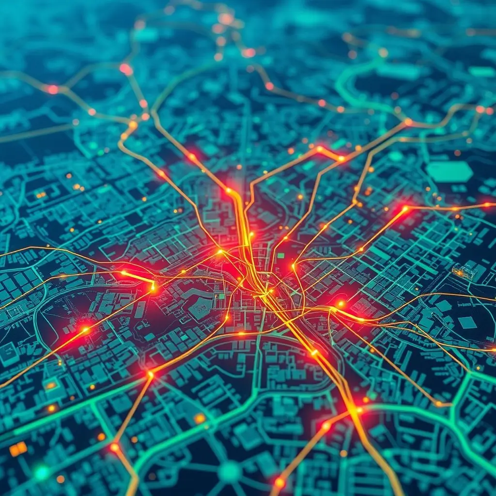 An AI interface overlaying analysis onto a city map highlighting potential crime hotspots