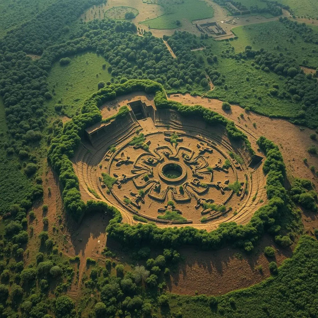 Satellite view showing subtle patterns of buried structures under vegetation and soil