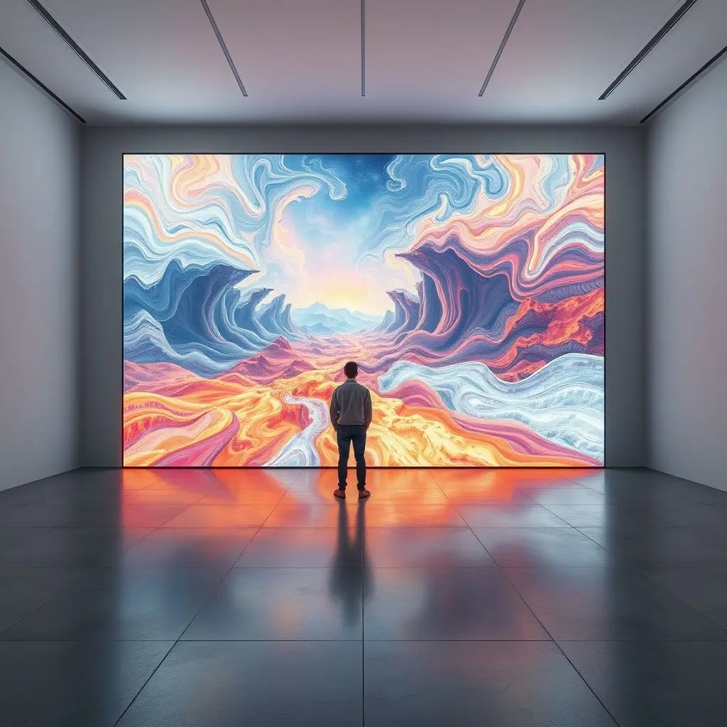 Person viewing AI generated art in a modern gallery setting