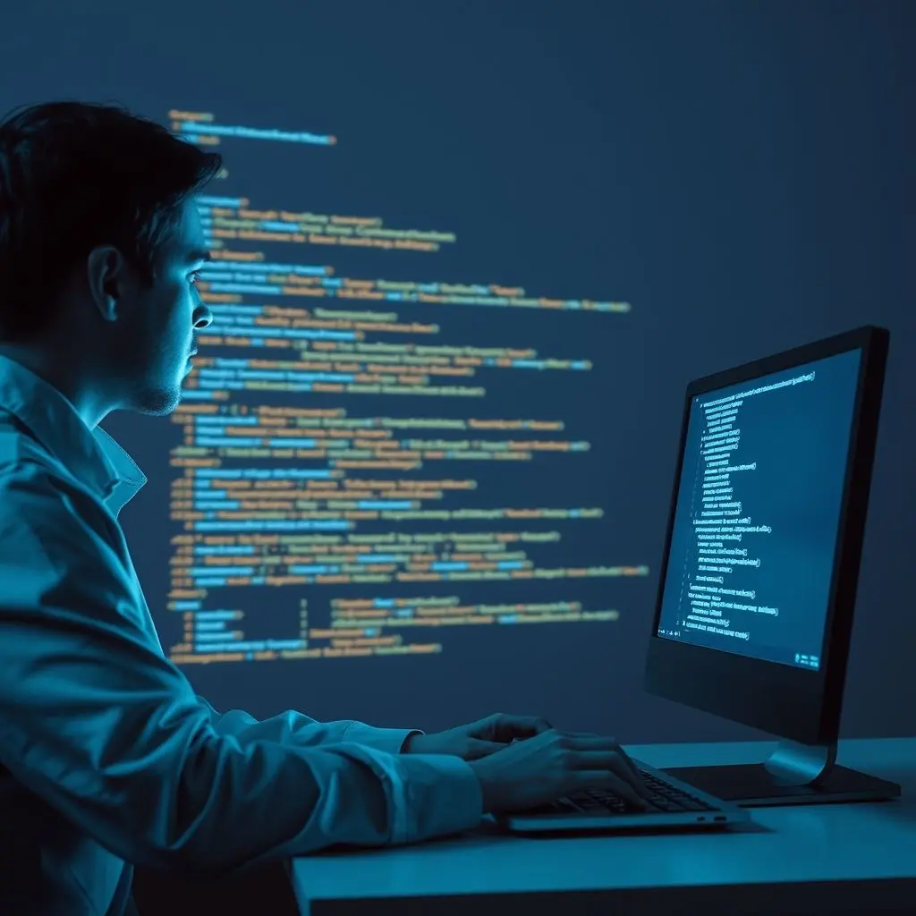 An AI assistant projected as lines of code helping a human developer write code on a screen.