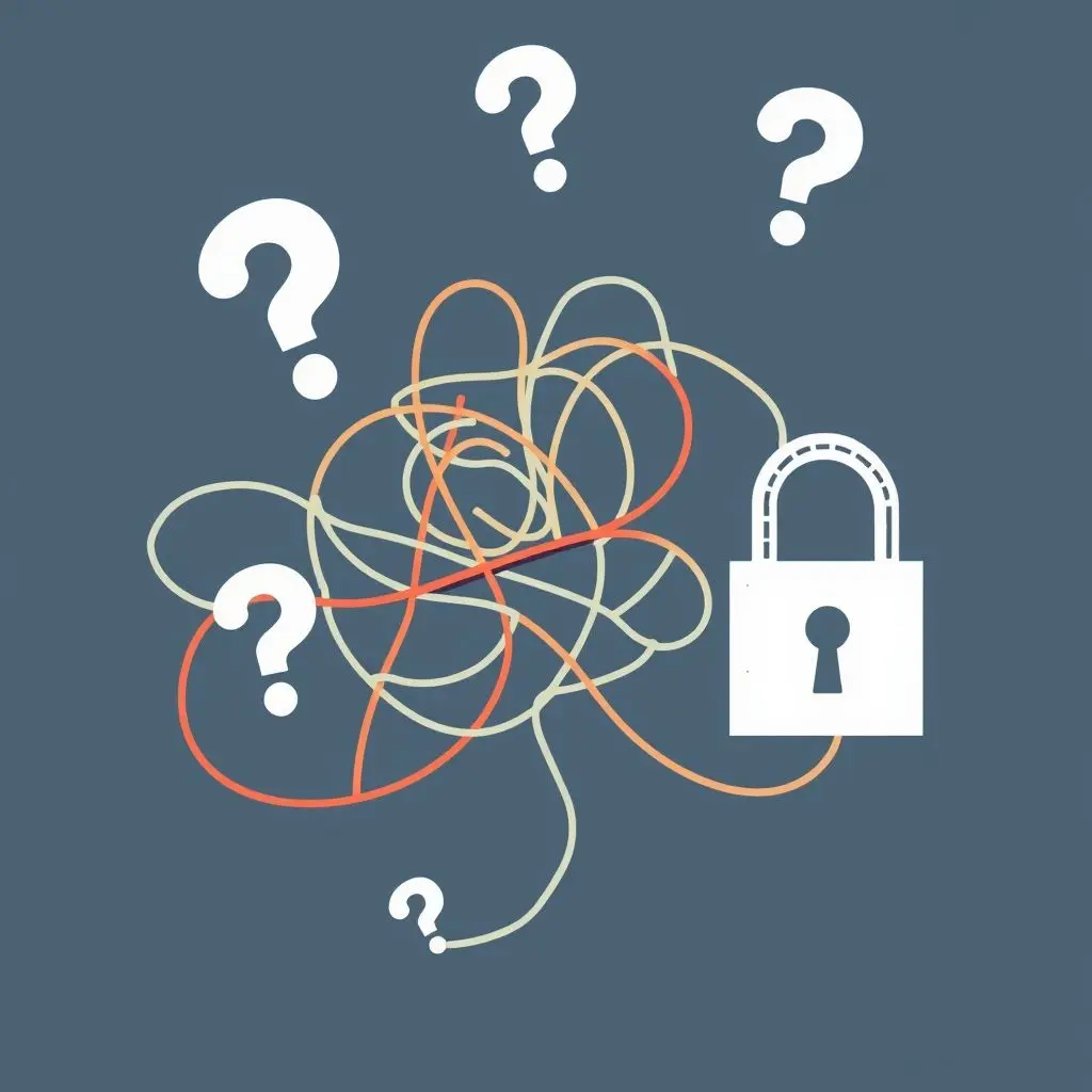 Abstract illustration representing challenges in AI code generation, showing tangled code lines or question marks over generated code.