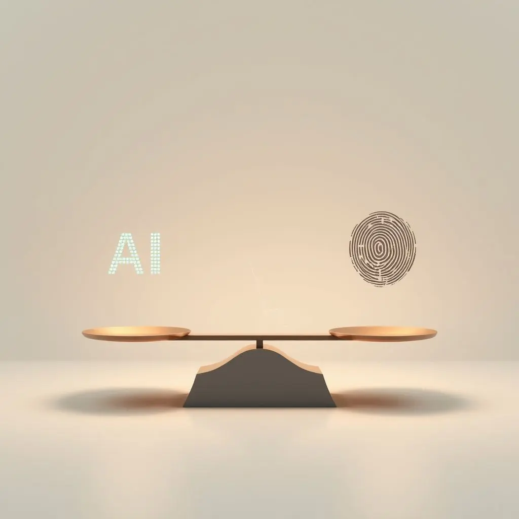Abstract graphic showing a digital scale with 'AI' and 'Human' sides, imbalanced and fluctuating