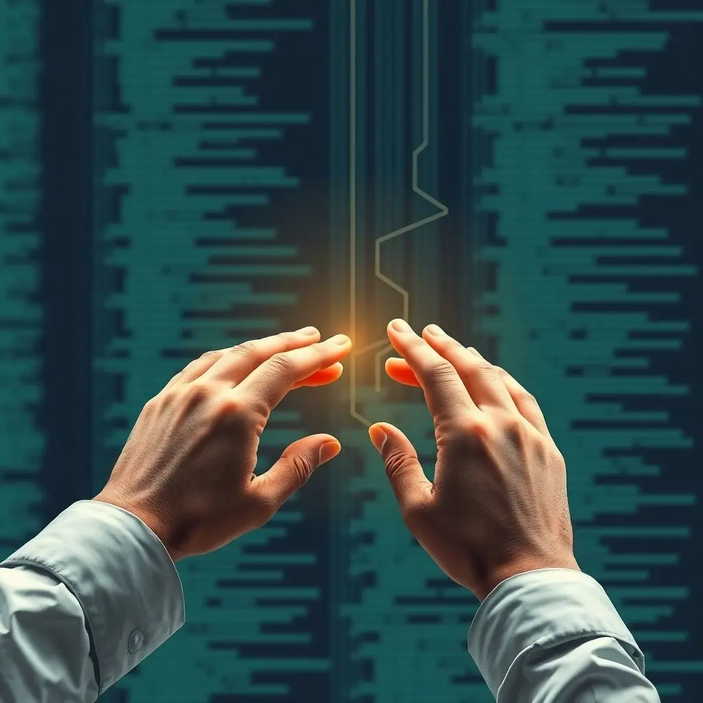 Abstract image showing human hands guiding or reviewing lines of code or data, symbolizing oversight in AI