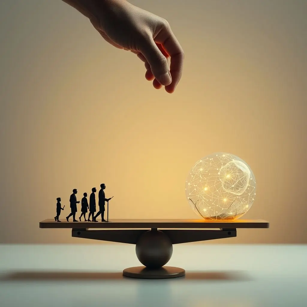 A delicate scale balancing human figures on one side and complex AI algorithms and data streams on the other, with a hand reaching in to adjust the balance, symbolizing regulation and thoughtful innovation in AI ethics.