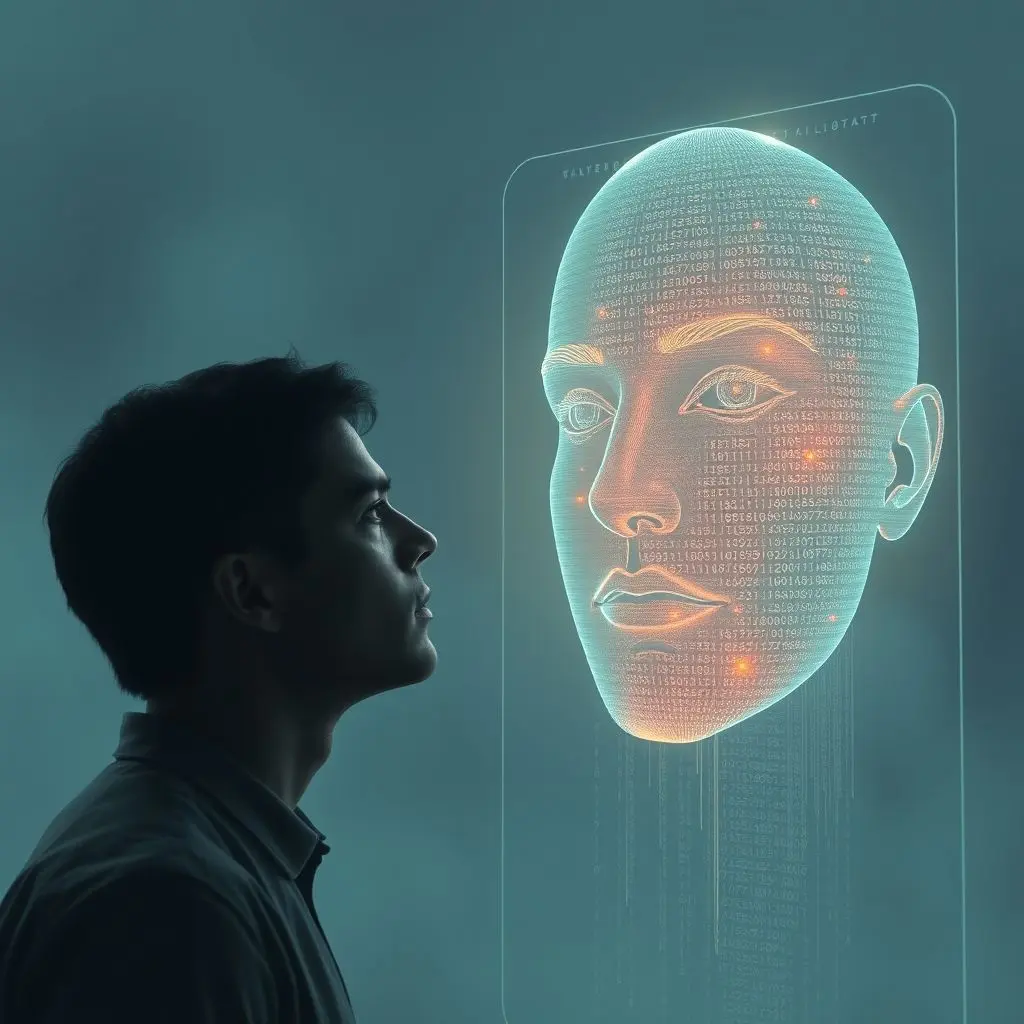 A solemn figure looking at a shimmering holographic projection of a loved one's face, with lines of code subtly integrated into the projection, symbolizing AI and grief. The background is soft and futuristic, conveying a sense of both hope and melancholy. Digital art.