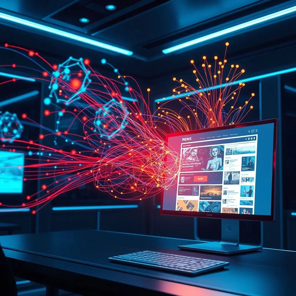 Abstract visualization of AI algorithms analyzing user data points to tailor a news feed.