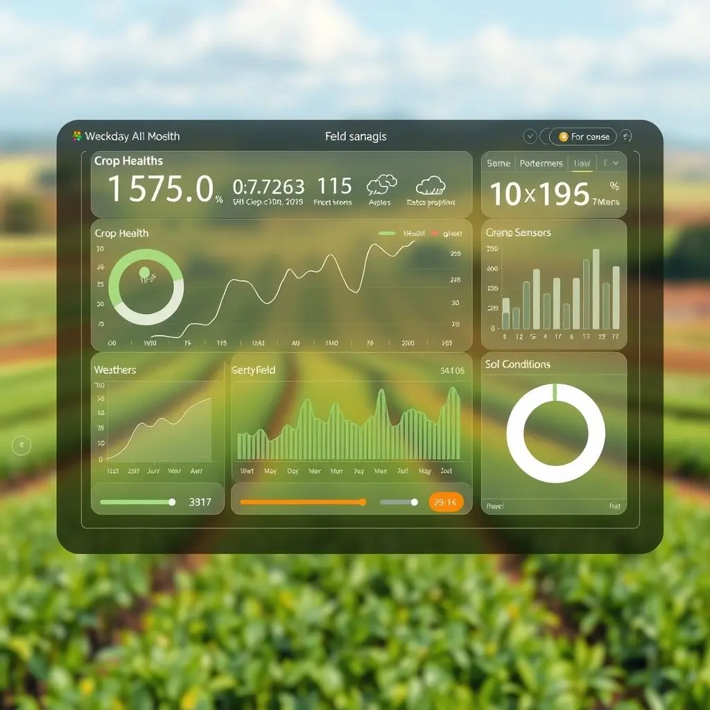 AI model analyzing data on screens with images of crops and weather patterns