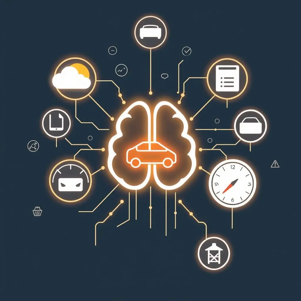 An abstract image showing AI analyzing various data inputs like weather icons, calendar symbols, car icons, and speedometers, visualizing the complex process of predicting traffic.