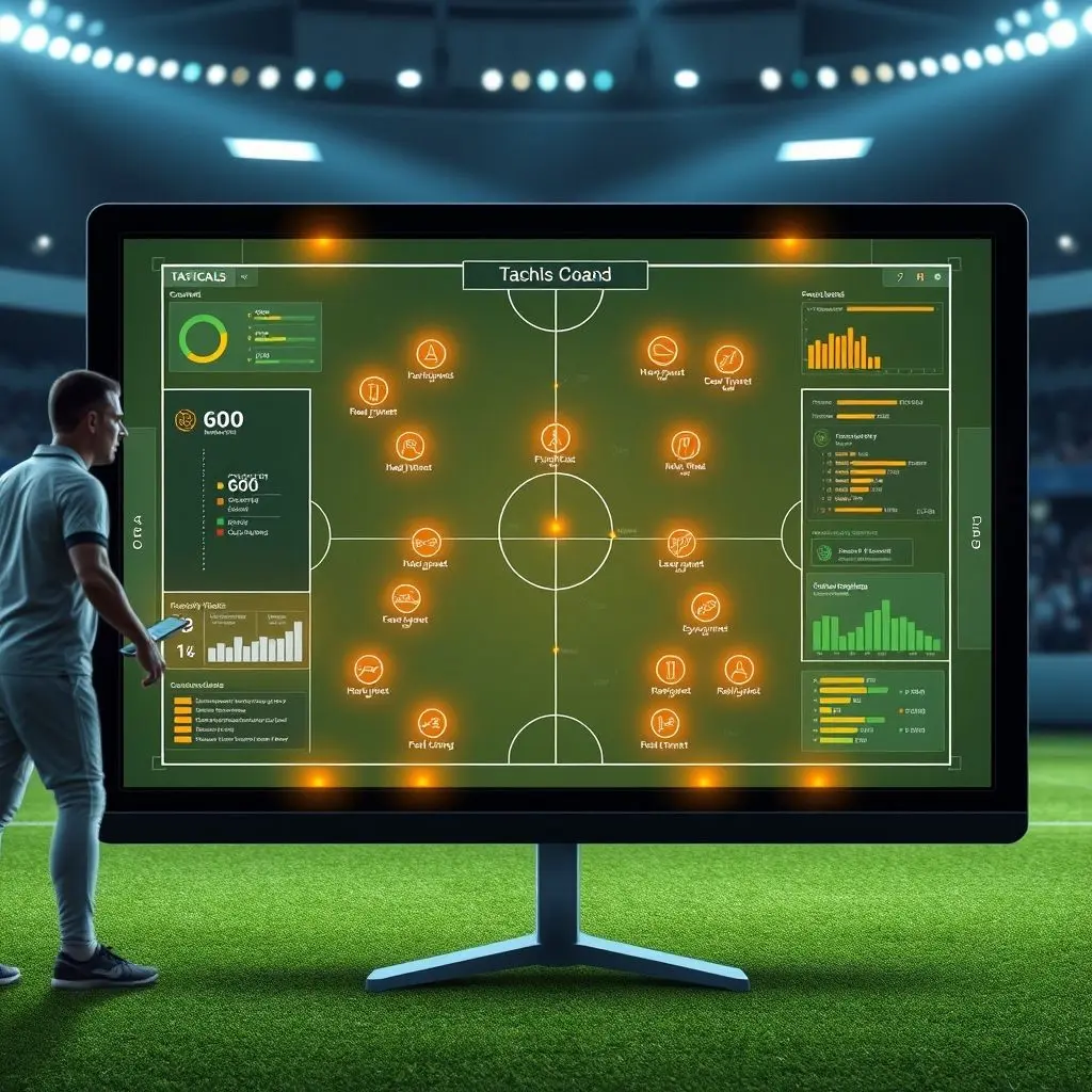 AI analyzing tactical board with data overlays, showing potential game outcomes