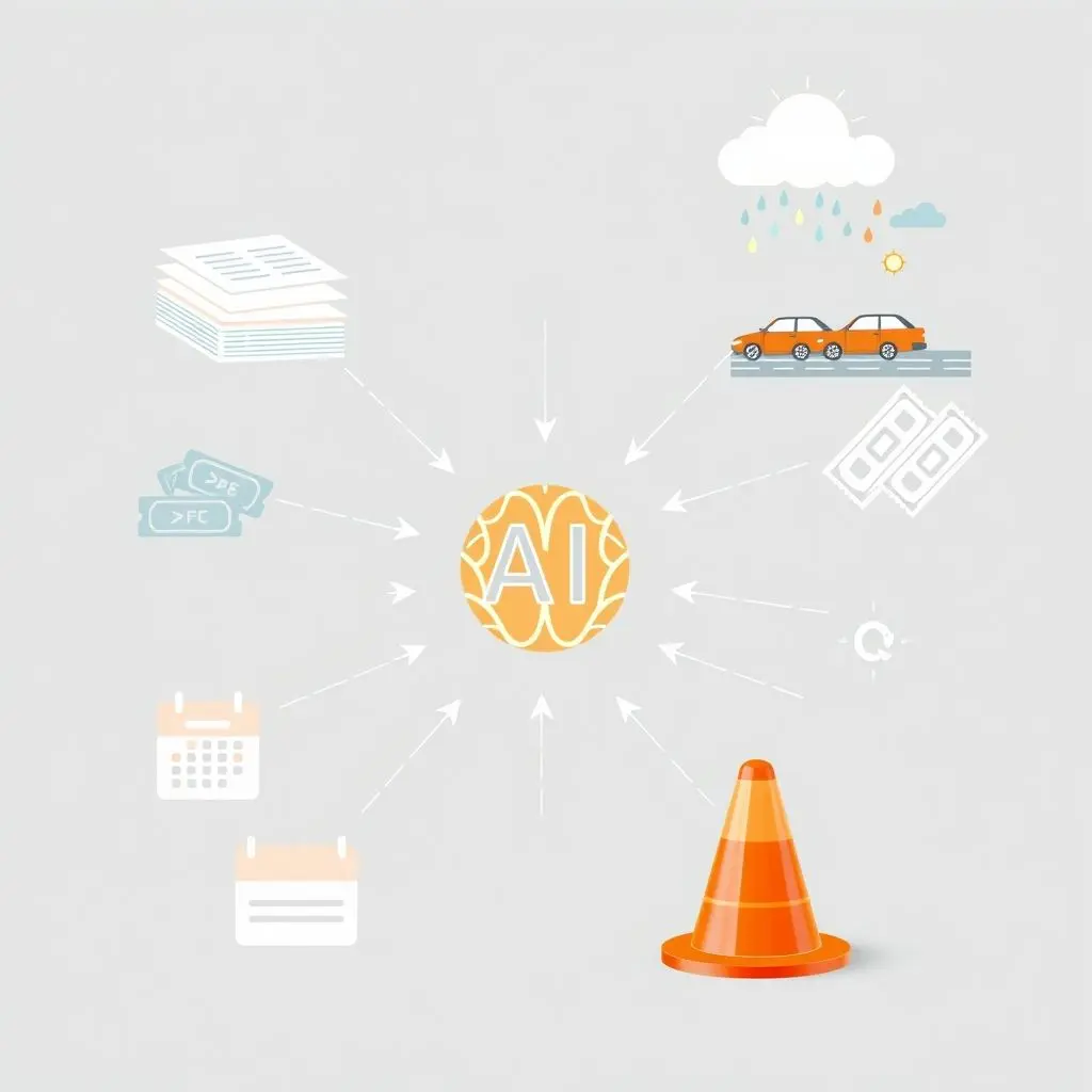 Infographic style image showing various data sources feeding into an AI icon: icons for historical data, real-time traffic, weather, events, and roadwork.