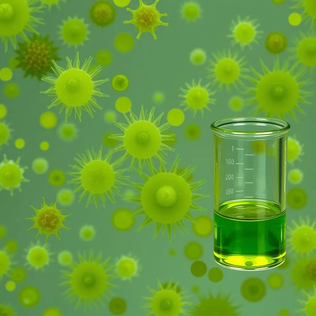Illustration showing algae cells and extracted green oil or lipids.