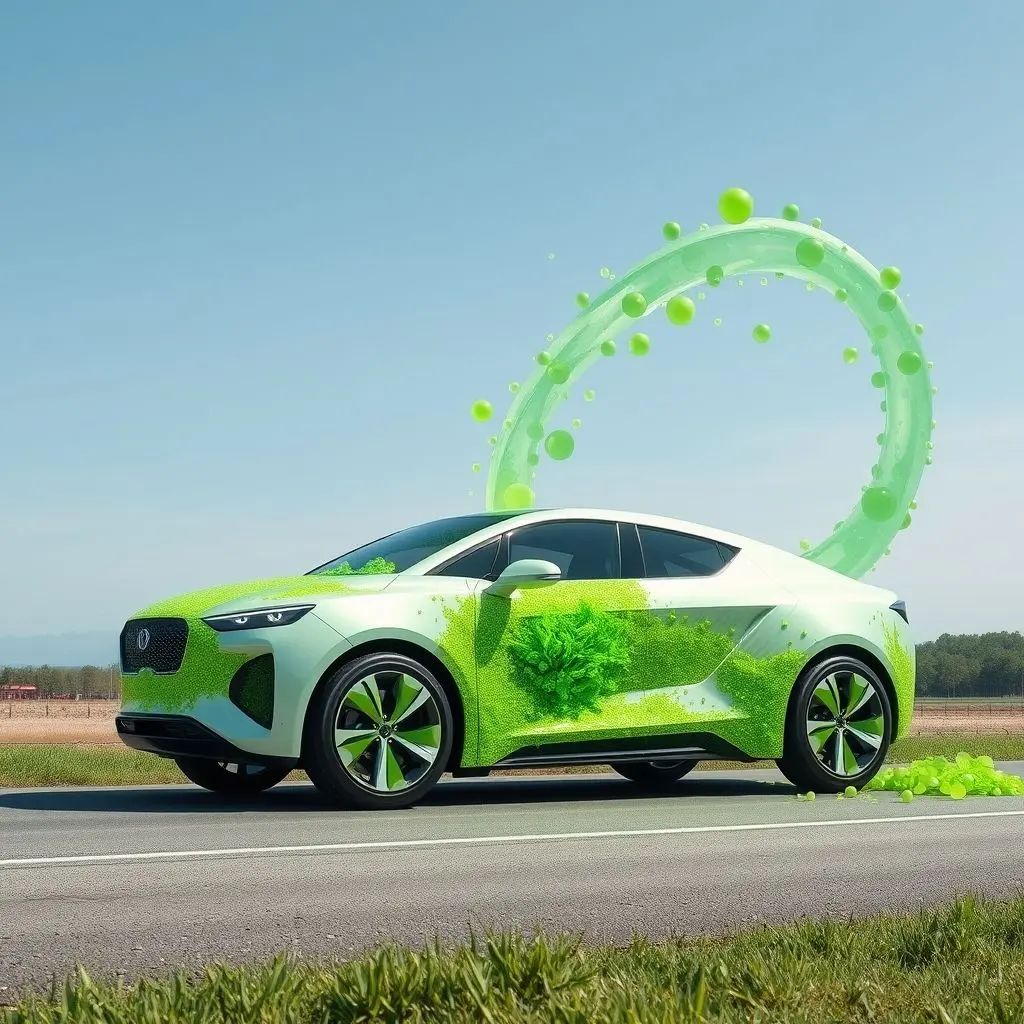 Stylized image of green algae transforming into fuel powering a modern car or truck.