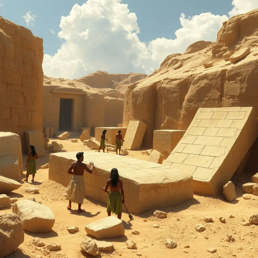 Speculative visual of ancient Egyptians quarrying large stone blocks with simple tools like chisels, mallets, and pounding stones.