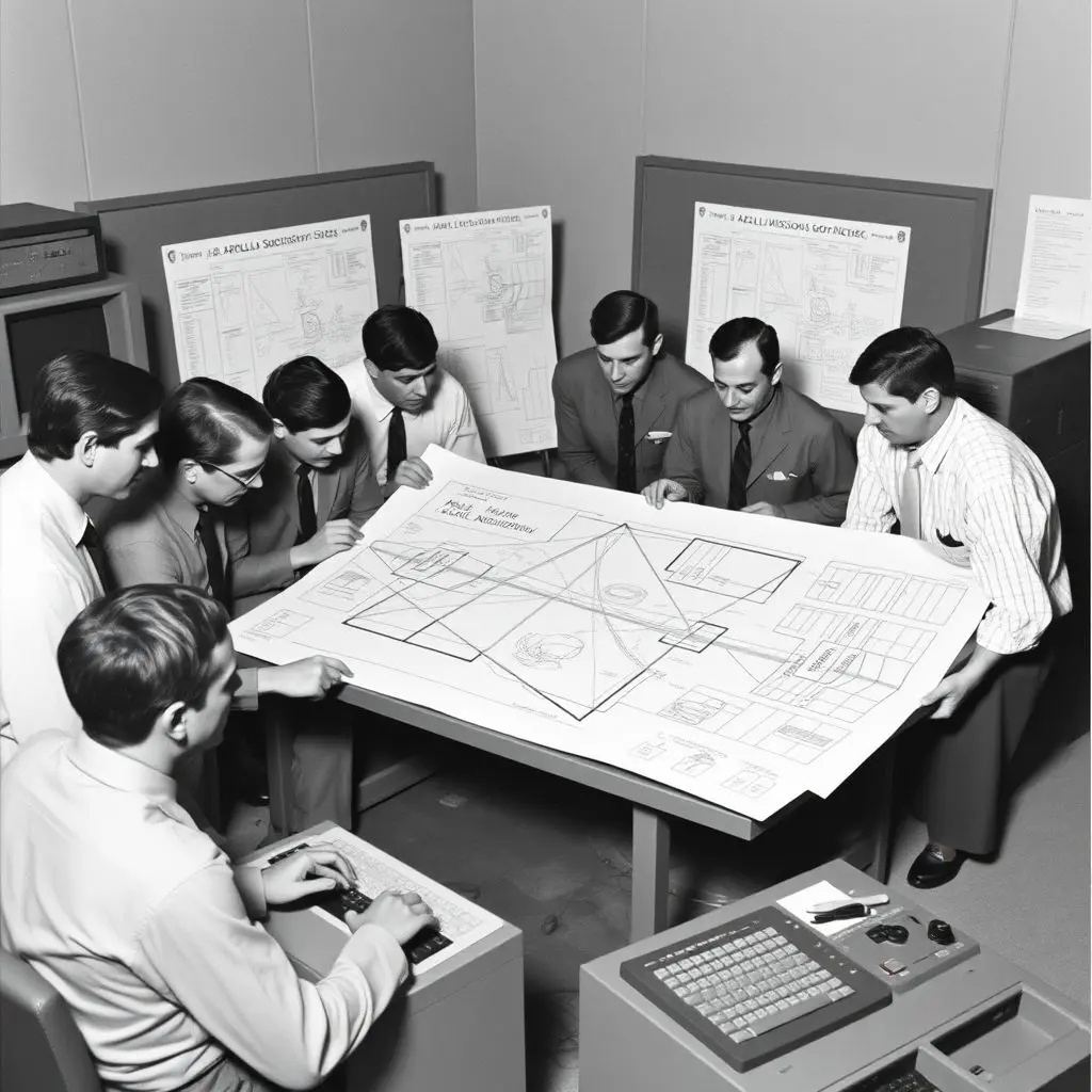 Engineers working on complex diagrams and early computers for Apollo mission planning