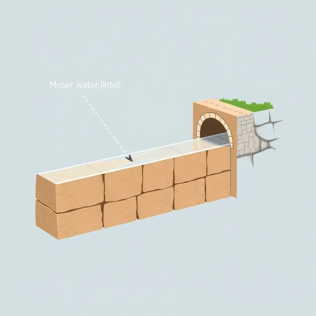 Diagrammatic speculative visual showing a cross-section of a Roman aqueduct channel (specus) with waterproof lining and illustrating the concept of gentle downward slope for gravity-powered water flow.