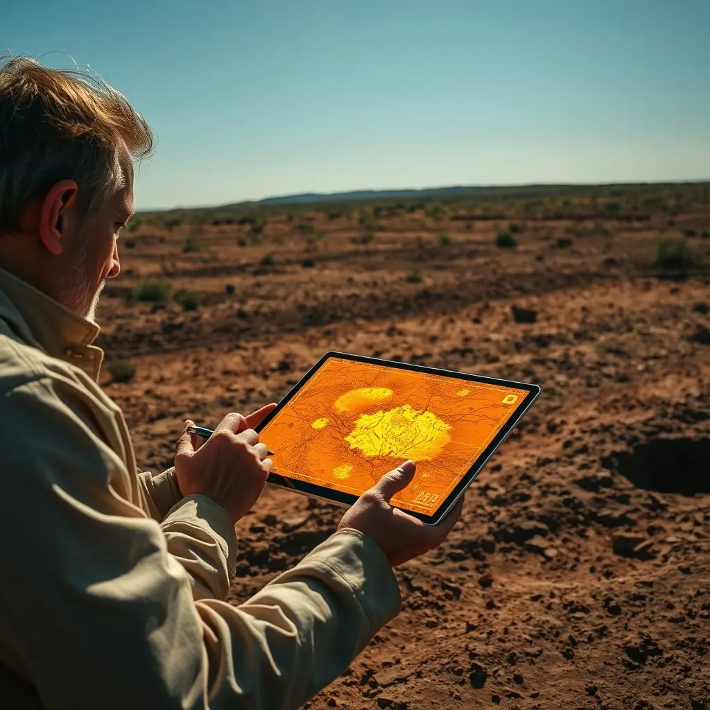Archaeologist in field setting looking at tablet displaying satellite data