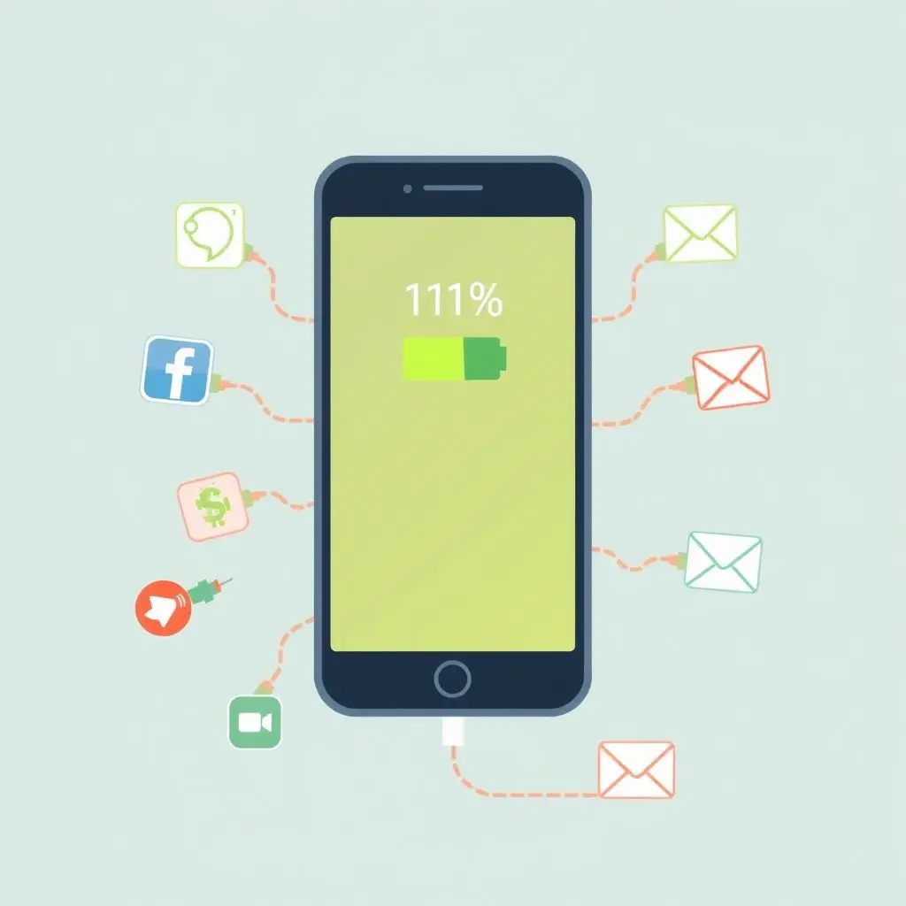 Visual representation of various app icons draining power from a charging phone