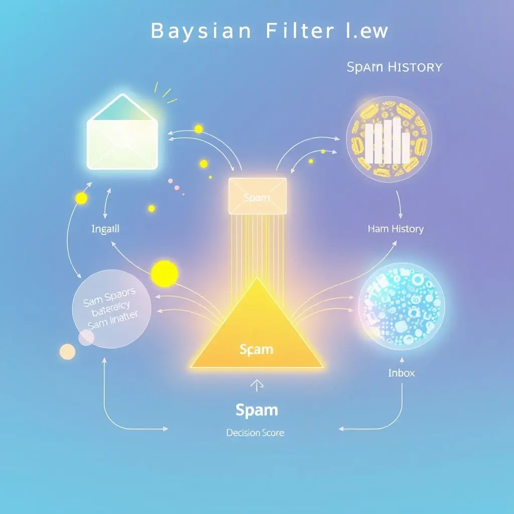 Diagram showing email words being analyzed and weighted based on spam/ham history to calculate a spam score