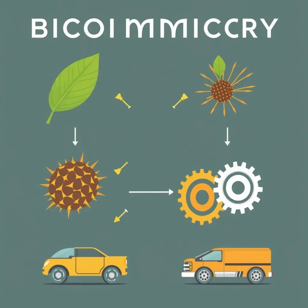 Conceptual illustration depicting nature's designs inspiring technological innovation, showing leaves or burrs transforming into mechanical components.