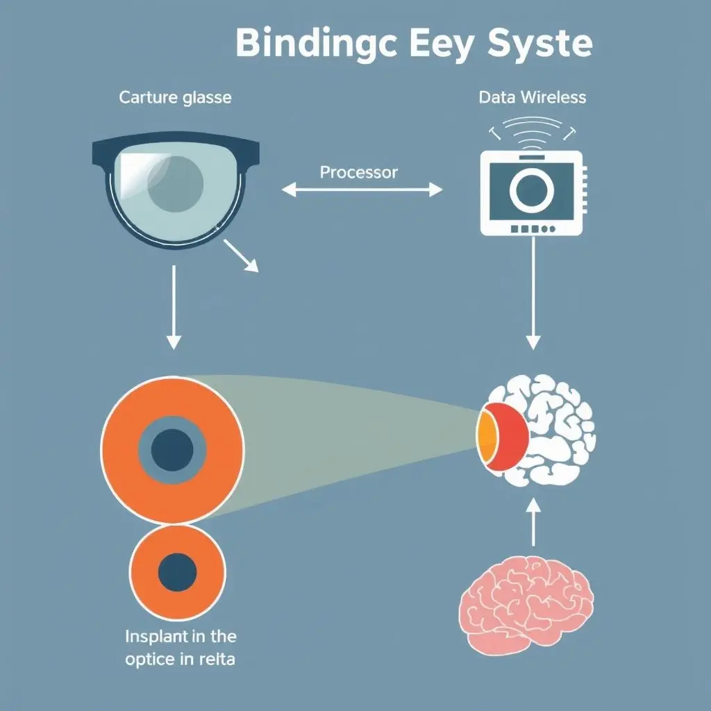 Diagram showing the process of a bionic eye system: camera on glasses captures image, sends data wirelessly to a processor, which sends signals to an implant in the eye, stimulating the retina, connecting to the optic nerve and brain.