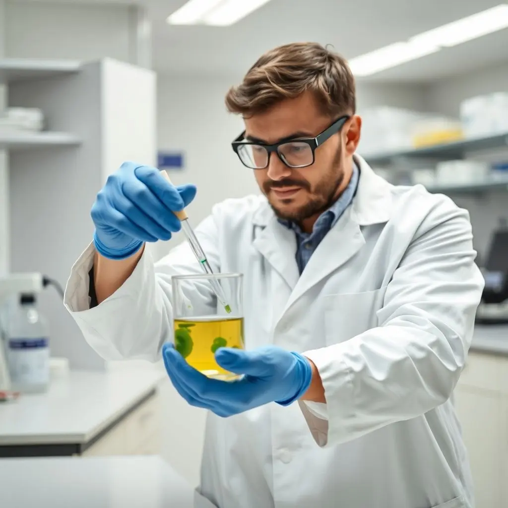 Scientist examining algae samples in a lab with flasks and equipment.