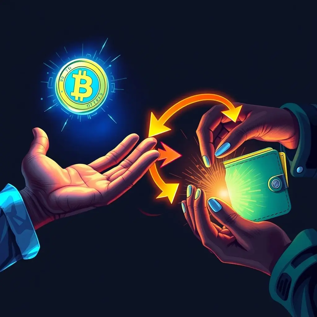 A conceptual illustration depicting double-spending, where a digital coin is sent but then pulled back while appearing in a different wallet, showing transaction reversal.